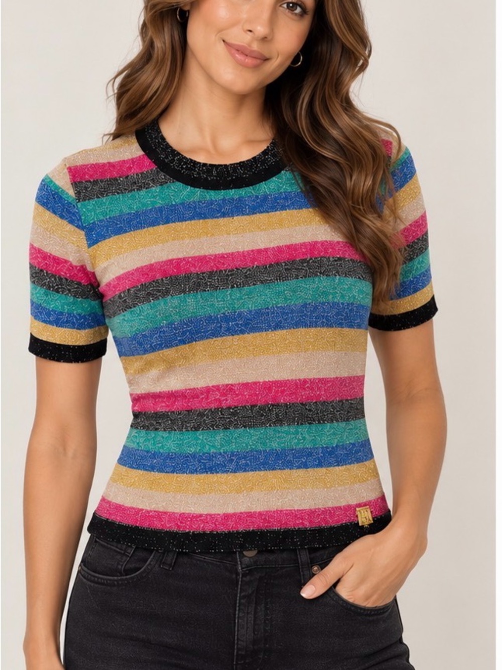 Fofolã Brazil Metallic Lurex Rainbow Stripe Knit Top P Small Y2K Disco